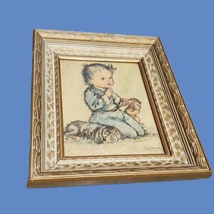 Framed wall Picture Boy with Dogs Puppies bedtime Prayer Jean Bukac Lithographs